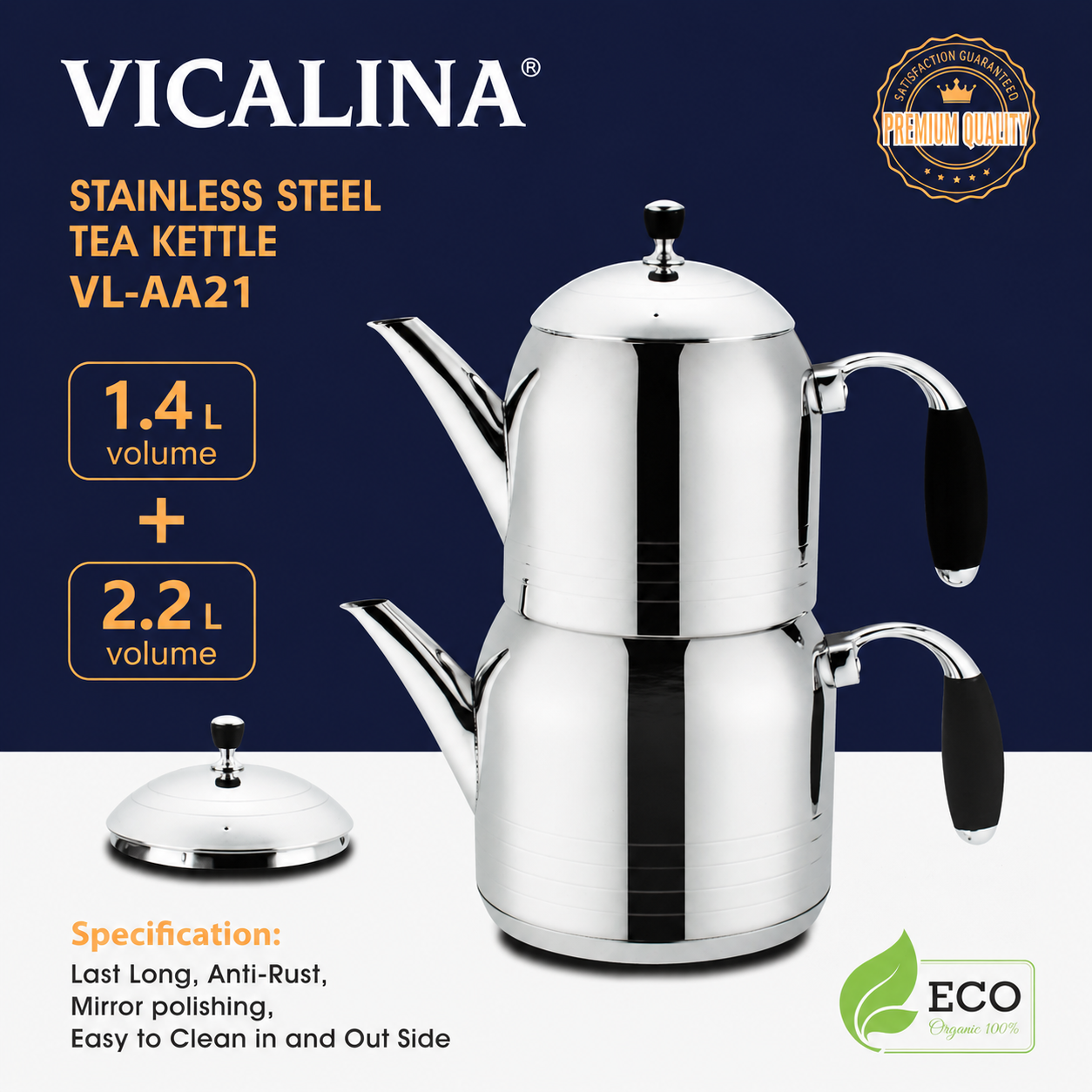 VICALINA VL-AA21- 1,4L + 2,2L Edelstahl Teekannen Set, Türkische Teekocher, Çaydanlık, Samowar, Induktion  