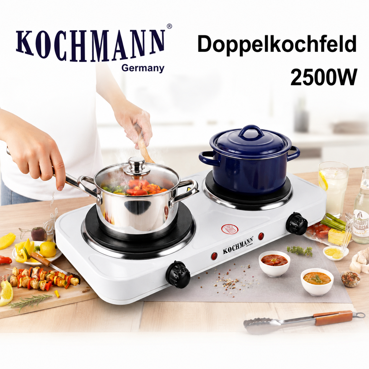 Kochmann Doppelkochplatte 2500W, Herdplatte, tragbar, Elektrokochfeld für Camping & Küche, Tischkocher