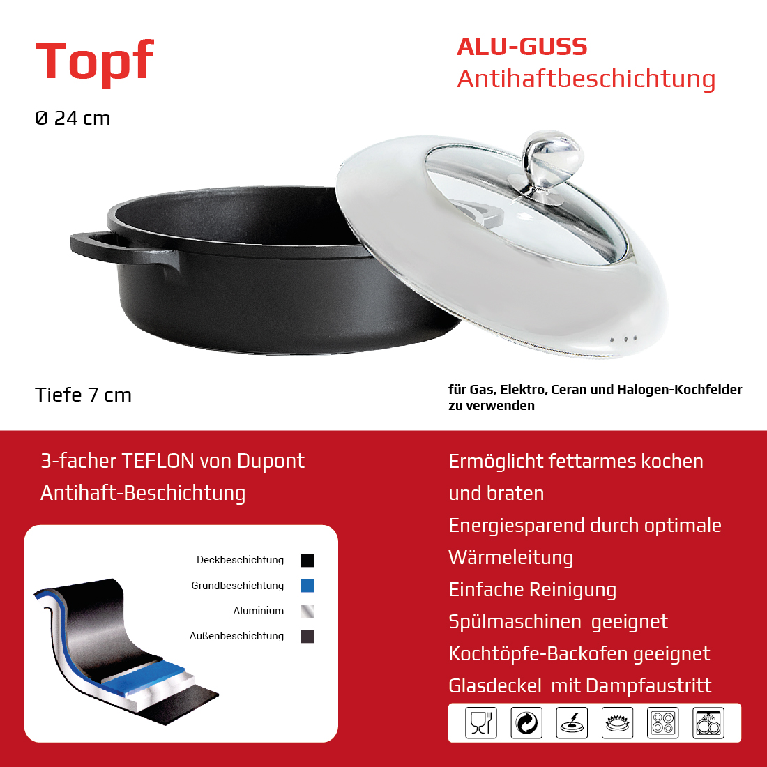Topf Alu-Guss Antihaftbeschichtung, Rund, Kochtopf, Suppentopf, verschiedene Großen
