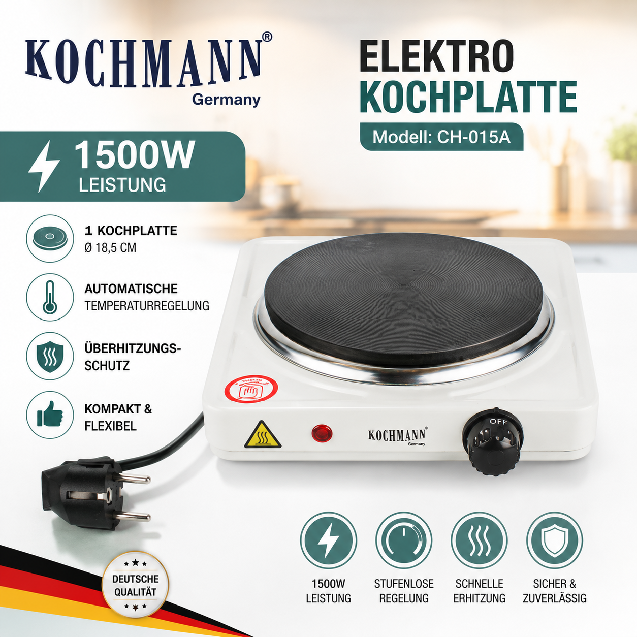 Einzelkochplatte 1000W oder 1500W Elektrokochfeld Herdplatte Camping