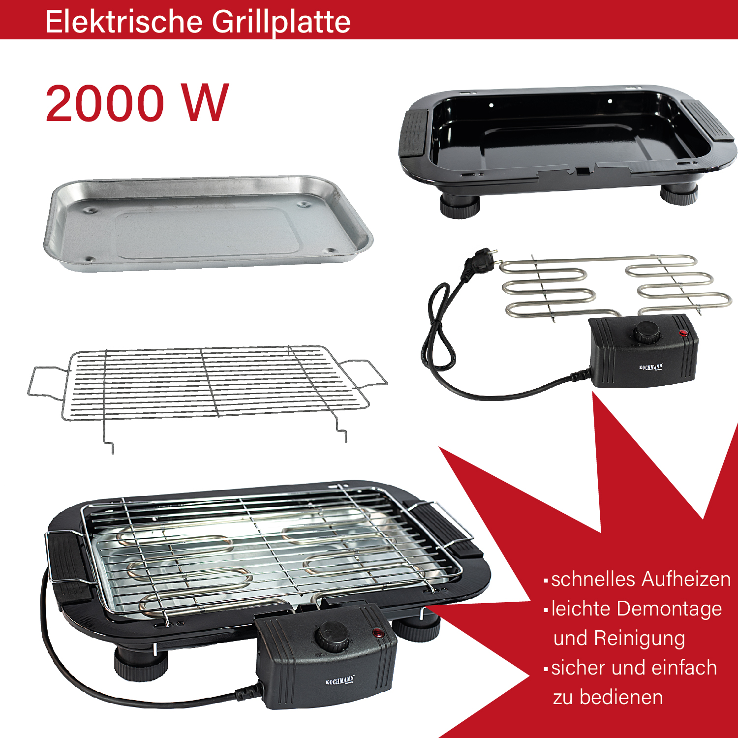 Elektrischer BBQ Tischgrill 2000W, Partygrill, Grillplatte, mit Standfuß, Balkongrill