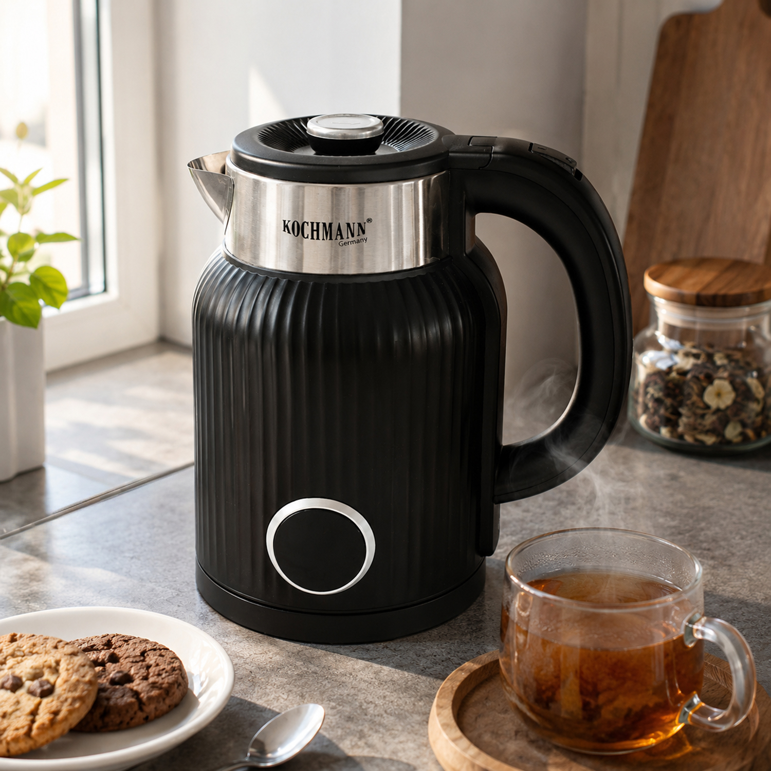  Wasserkocher 1,7L, 1500W, Edelstahl, Kabellos, Schwarz