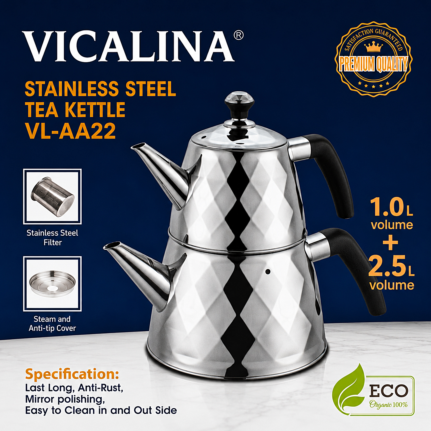 VICALINA VL-AA22- 1,0L + 2,5L Edelstahl Teekannen Set, Türkische Teekocher, Çaydanlık, Samowar, Induktion  