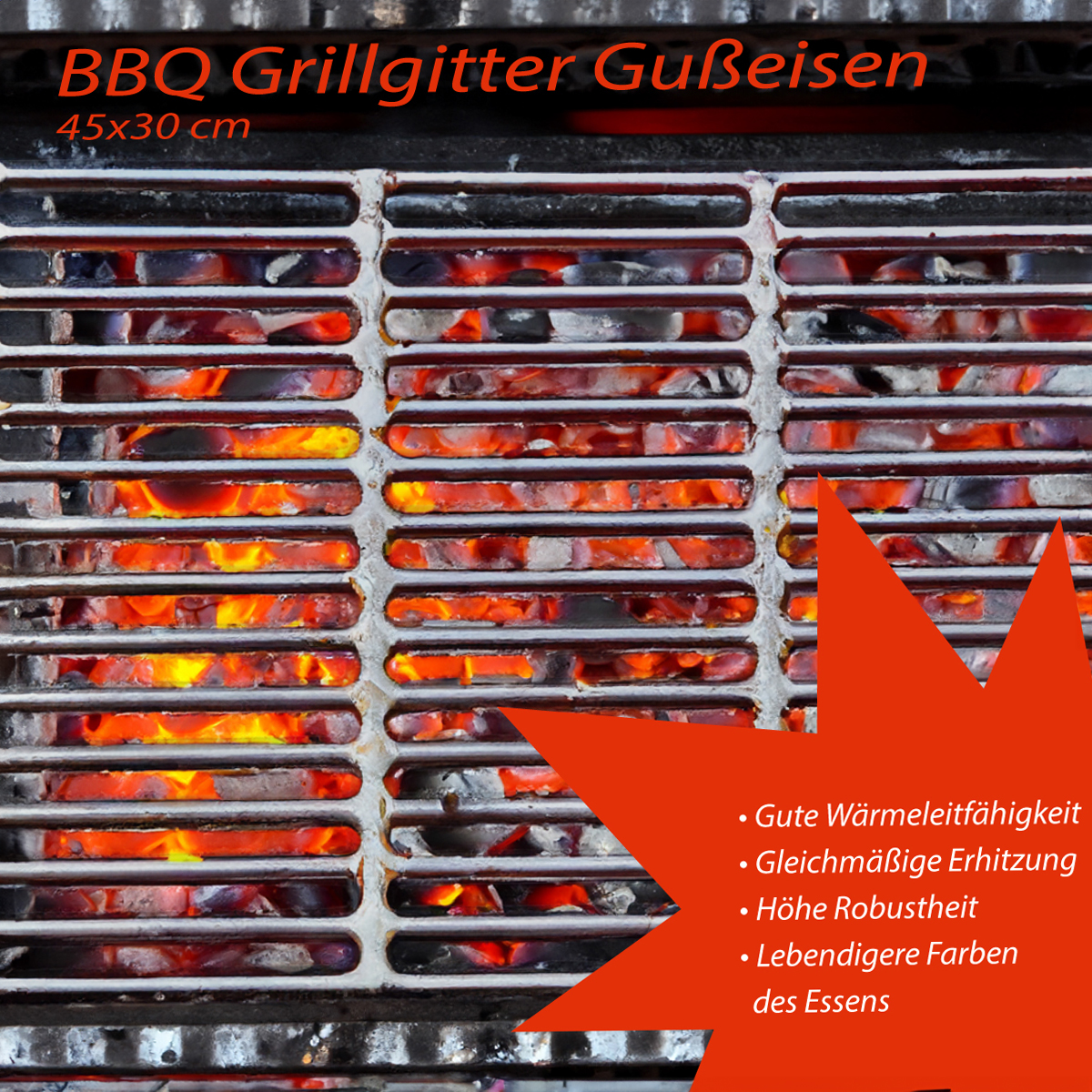 BBQ Grillgitter KEG09, Grillrost, Gußeisen, Gussrost,  Grill,  Grillaufsatz, 45 x 30 cm, Eckig 