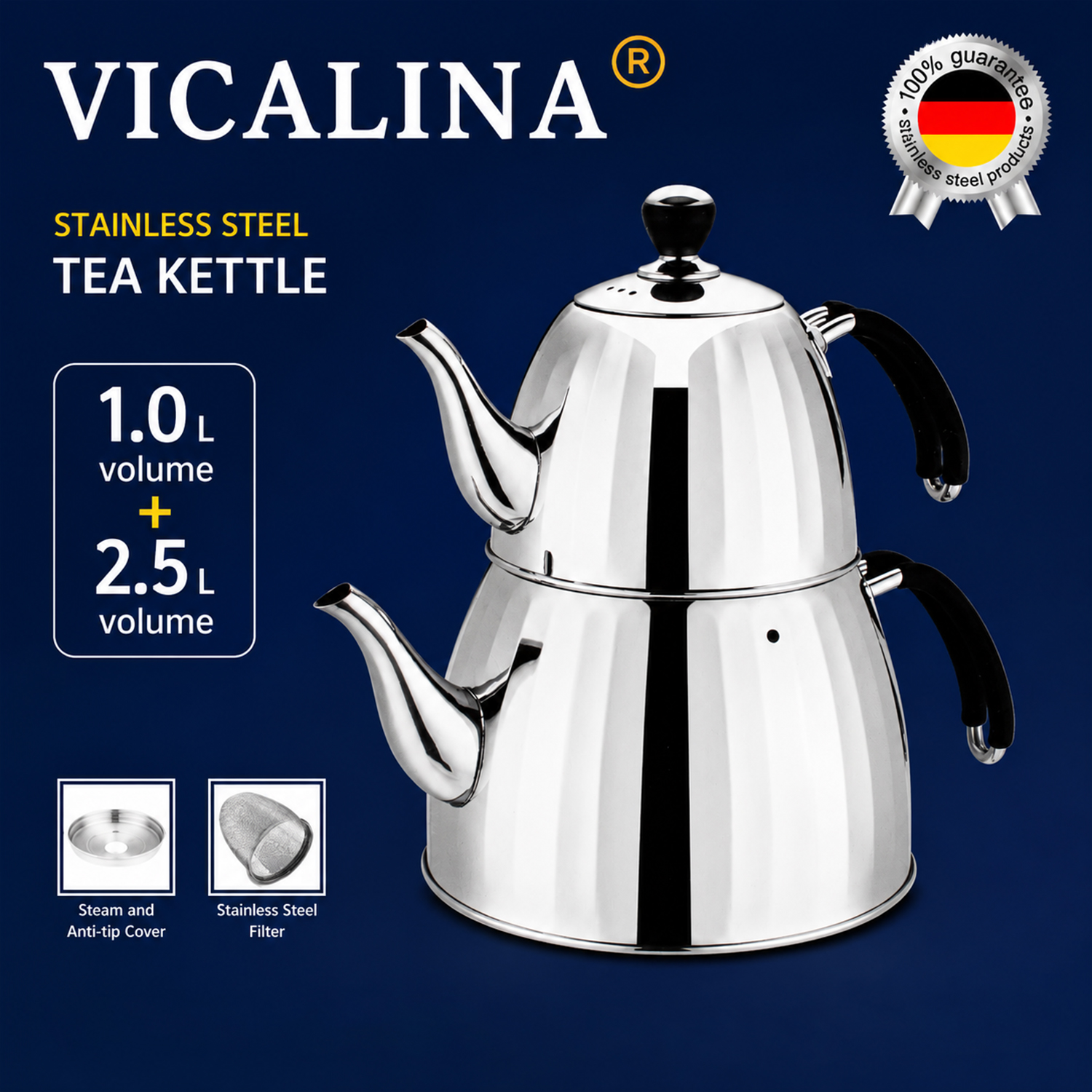 VICALINA VL-AA19- 1,0L + 2,5L Edelstahl Teekannen Set, Türkische Teekocher, Çaydanlık, Samowar, Induktion 