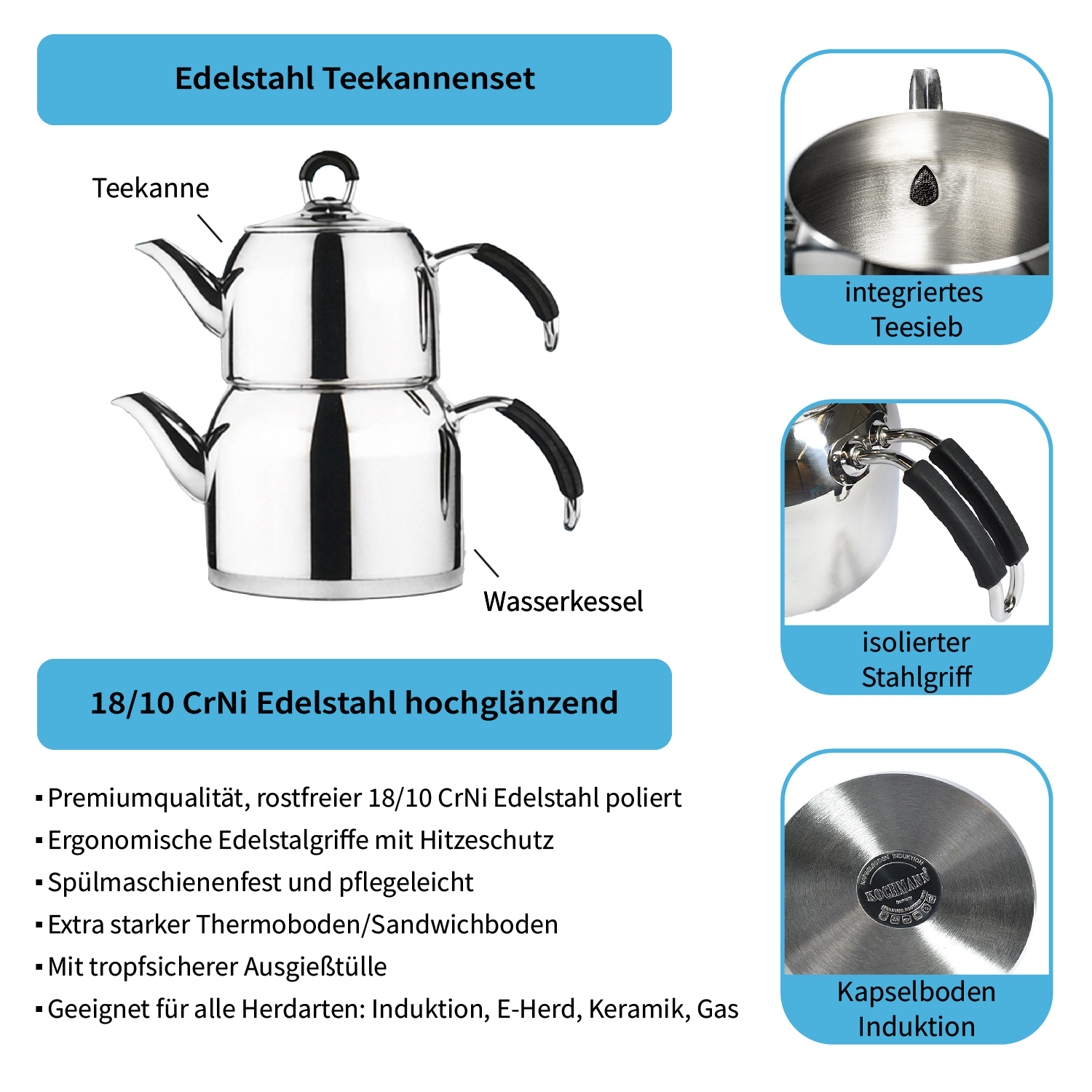 Edelstahl Teekannenset, mit integriertem Teesieb, erhältlich in 3 verschiedenen Größen, türkischer Teekocher, Teekanne, Edelstahl Kanne