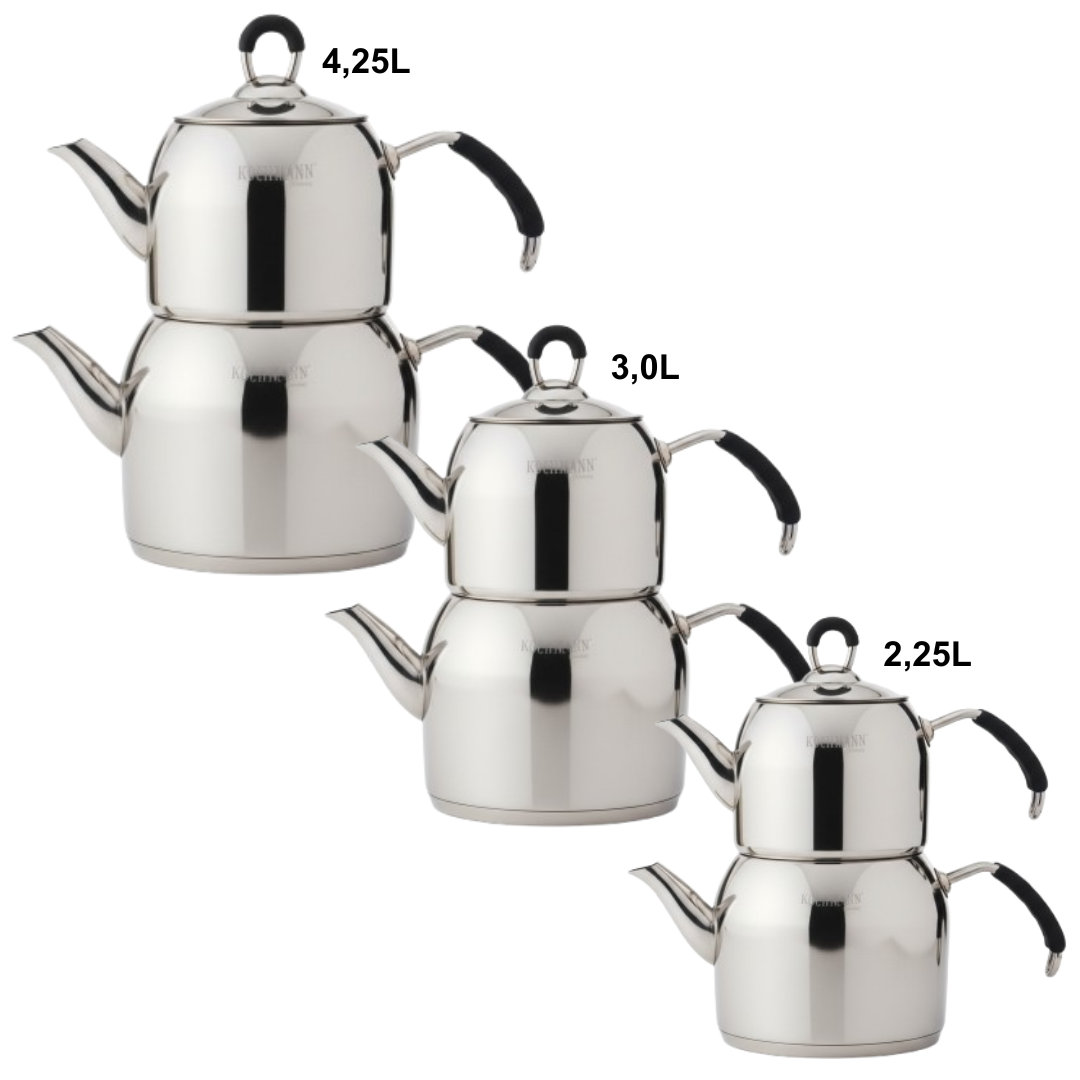 Edelstahl Teekannenset, mit integriertem Teesieb, erhältlich in 3 verschiedenen Größen, türkischer Teekocher, Teekanne, Edelstahl Kanne