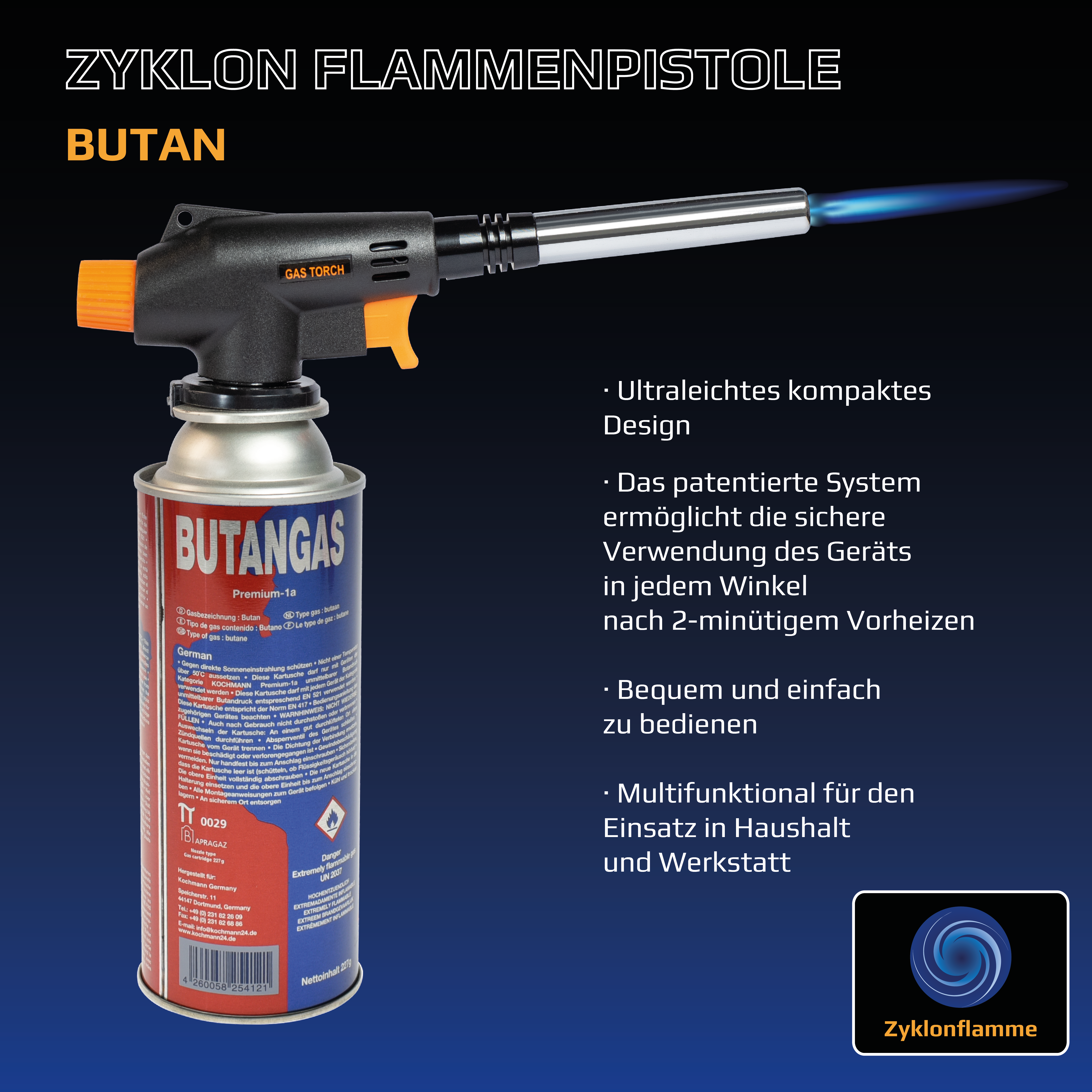 Zyklon Flammenpistole Art.Nr.12 für Gaskartuschen 227g , Gasbrenner, Gasanzünder, Kohleanzünder, Lötbrenner Aufsatz für Bajonett-Gaskartuschen, Lötlampe, Butangasbrenner  