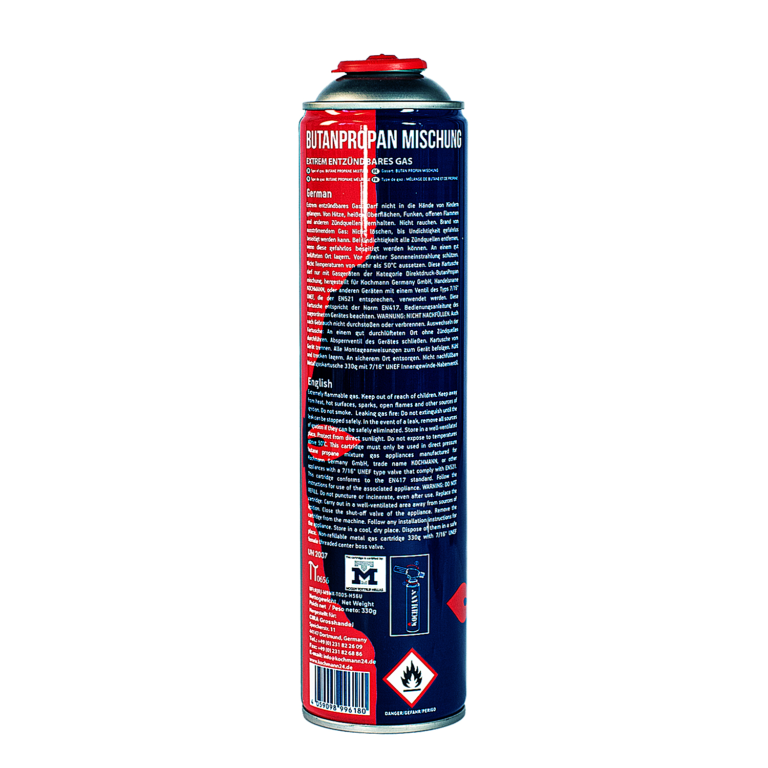 Kochmann Gaskartusche 600ml 330g Butan Propan 70/30 7/16" UNEF EN417 Schraubkartusche Gasbrenner 