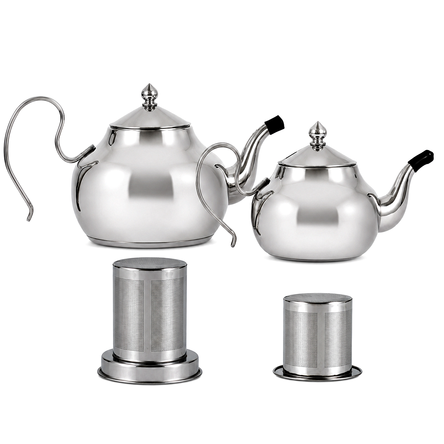 Teekanne Edelstahl Caydanlik Teekocher Set silber, Größenvarianten 0,7L + 1,7L und 1,0L + 2,0L