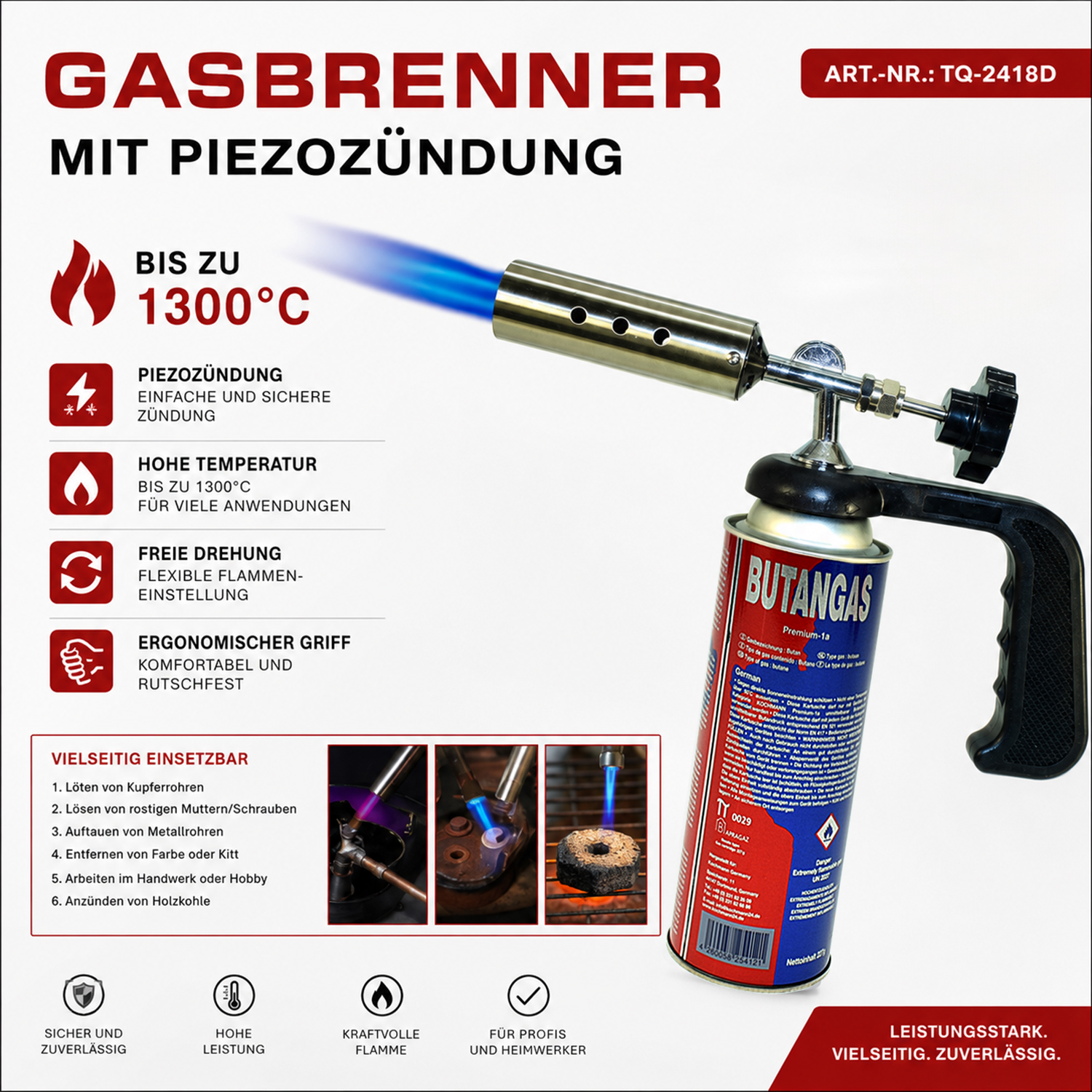 Gasbrenner ART.-NR.:TQ-2418D, Flammenbrenner 1300°C mit Piezozündung, freie Drehung, vielseitig einsetzbar, BBQ Camping, 