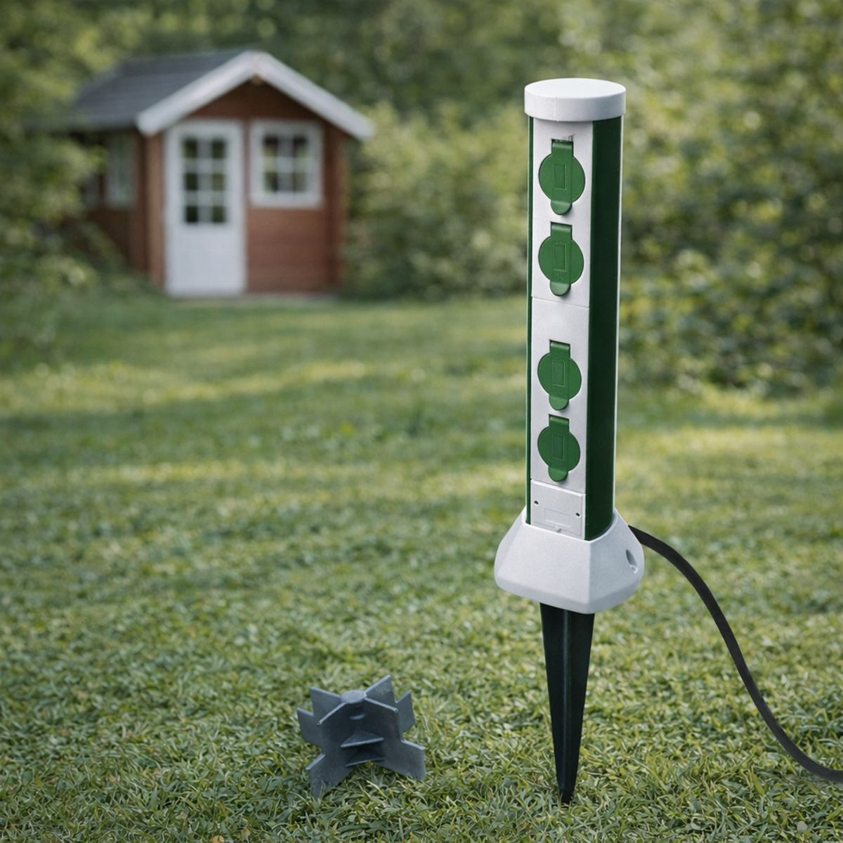 Garten-Allrounder, Steckdosen-Säule, mit 4-fach Steckdose, Hülsenadapter und Erdspieß, 5m Anschlusskabel