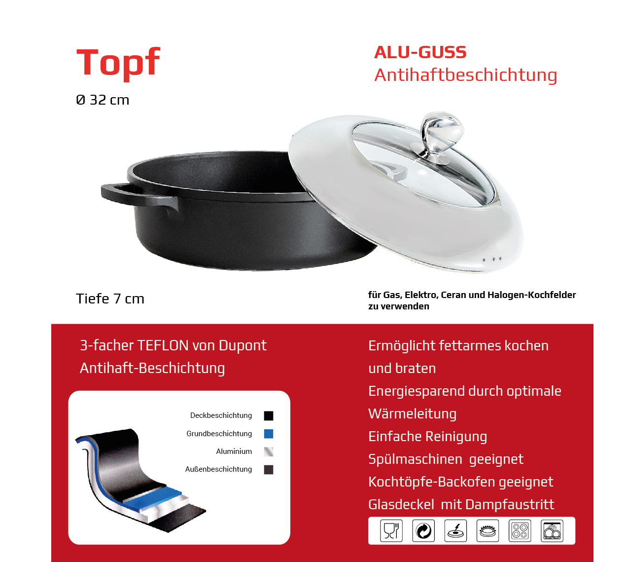 Topf Alu-Guss Antihaftbeschichtung, Rund, Kochtopf, Suppentopf, verschiedene Großen