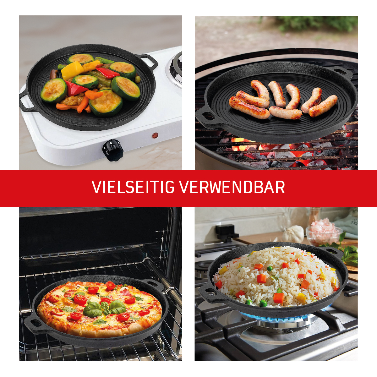 Gusseisen Grillpfanne KEG07, geriffelt, rund Ø 35 cm, Pizzapfanne, Grillpfanne Gusseisen Für Herd, Grill, Ofen & Lagerfeuer