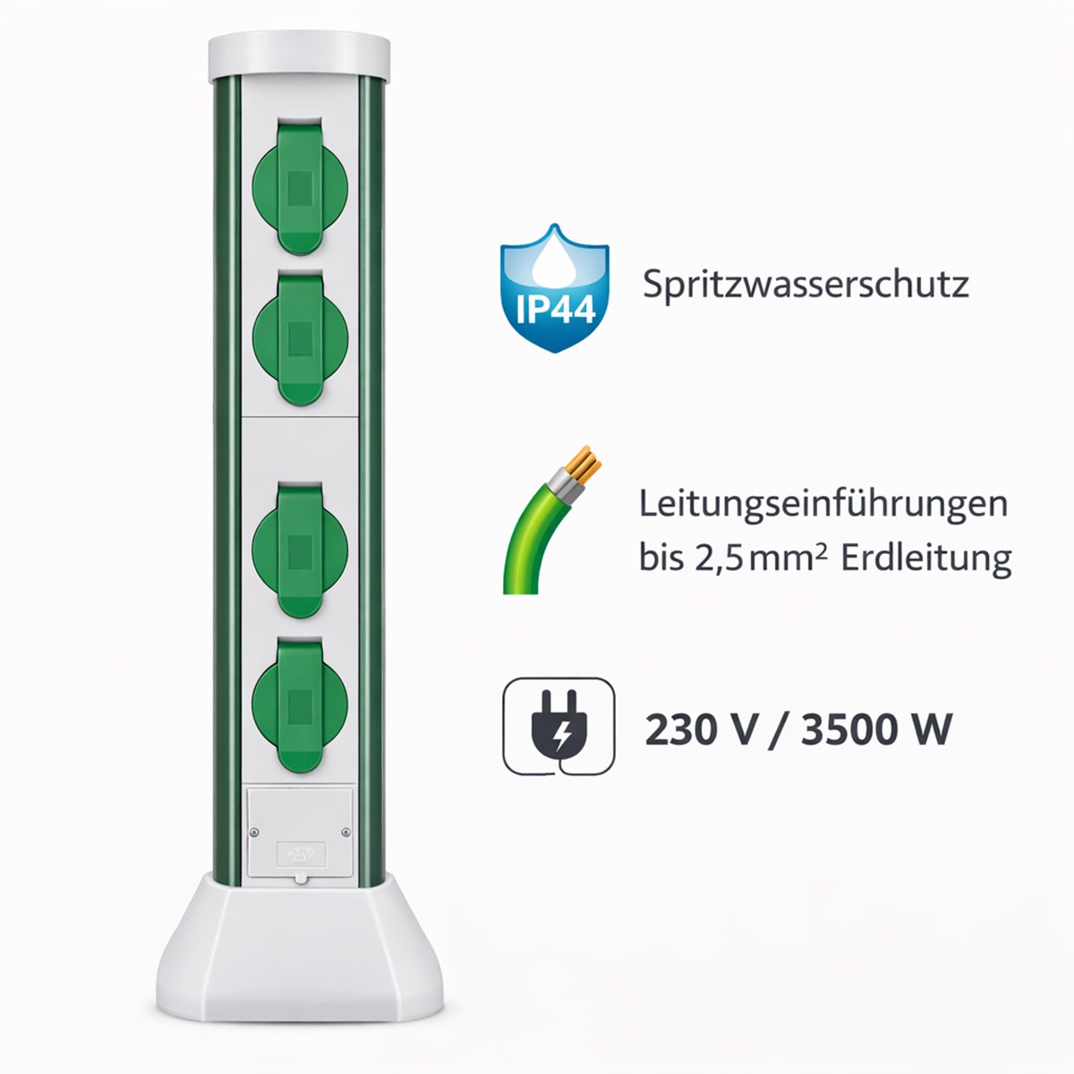 Garten-Allrounder, Steckdosen-Säule, mit 4-fach Steckdose, Hülsenadapter und Erdspieß, 5m Anschlusskabel