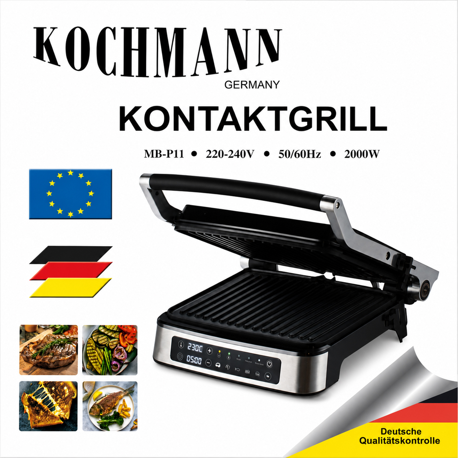 Kochmann Kontaktgrill  MB-P11, 2000W, um 180° aufklappbar, Tischgrill, Paninigrill, 5 Grillprogramme 
