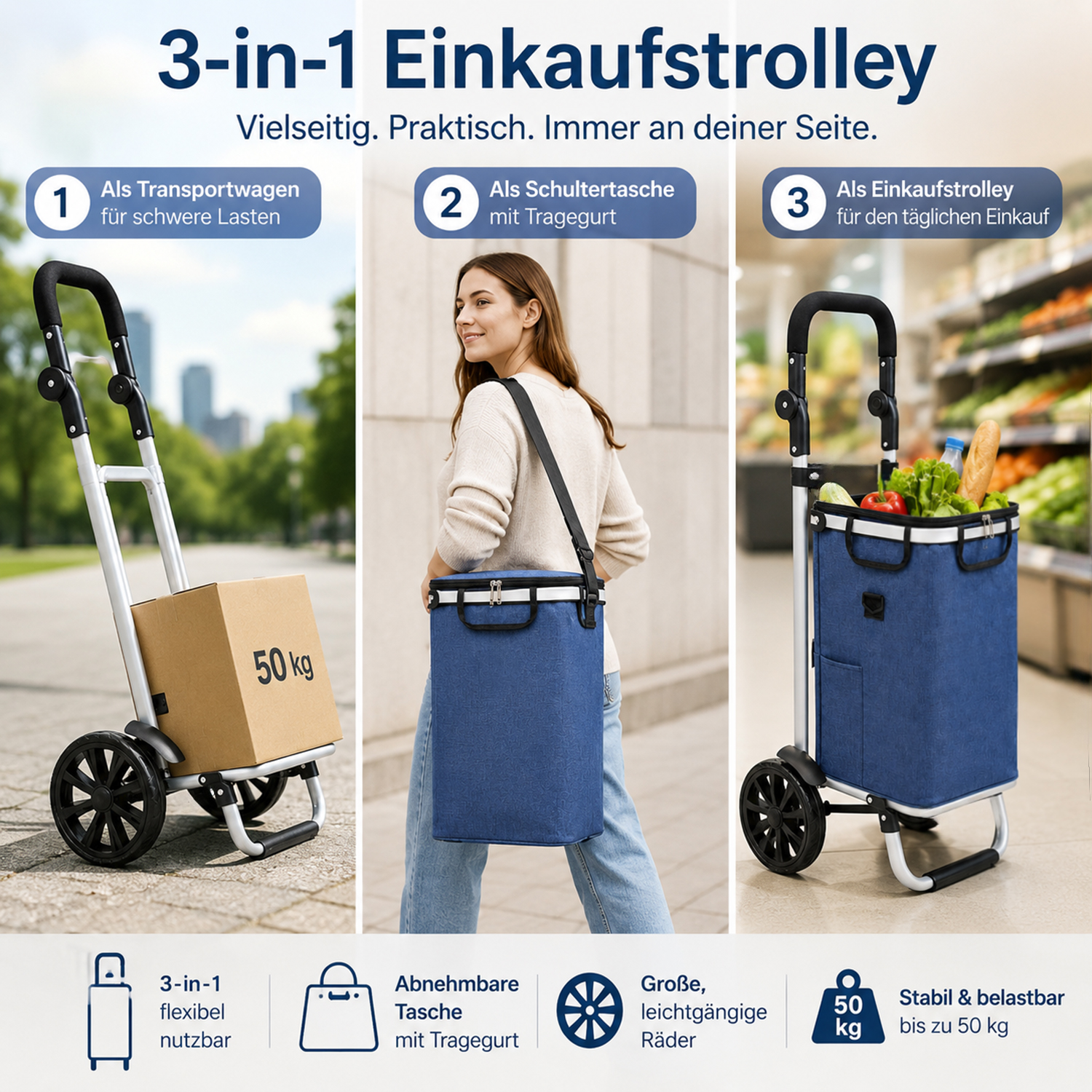Einkaufstrolley, Art.: F13292, Treppensteiger, Einkaufsroller, Klappbar, Alu Sackkare, Einkaufswagen, 52L 