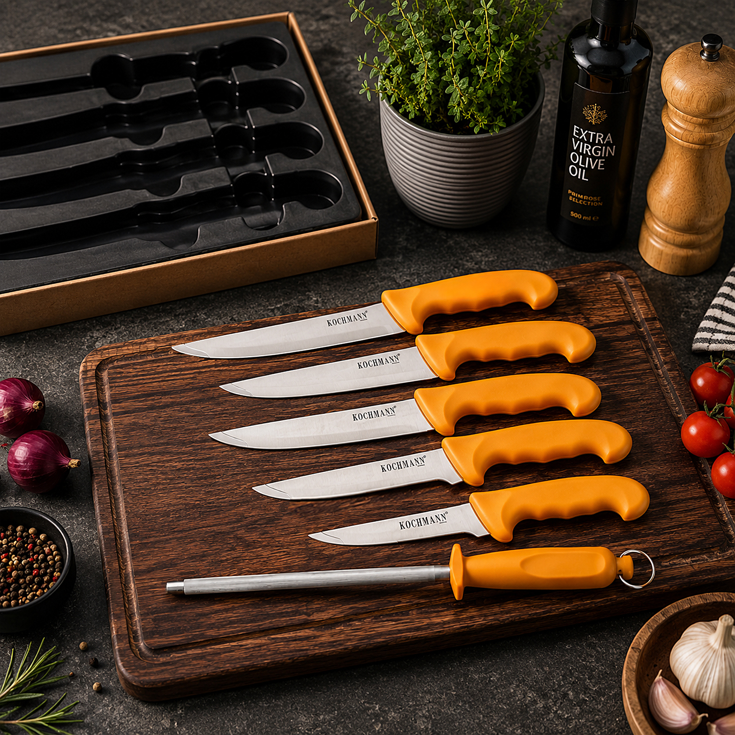 Küchenmesser Set, Messerset mit 5 Messer und 1 Messerschärfer, Allzweckmesser