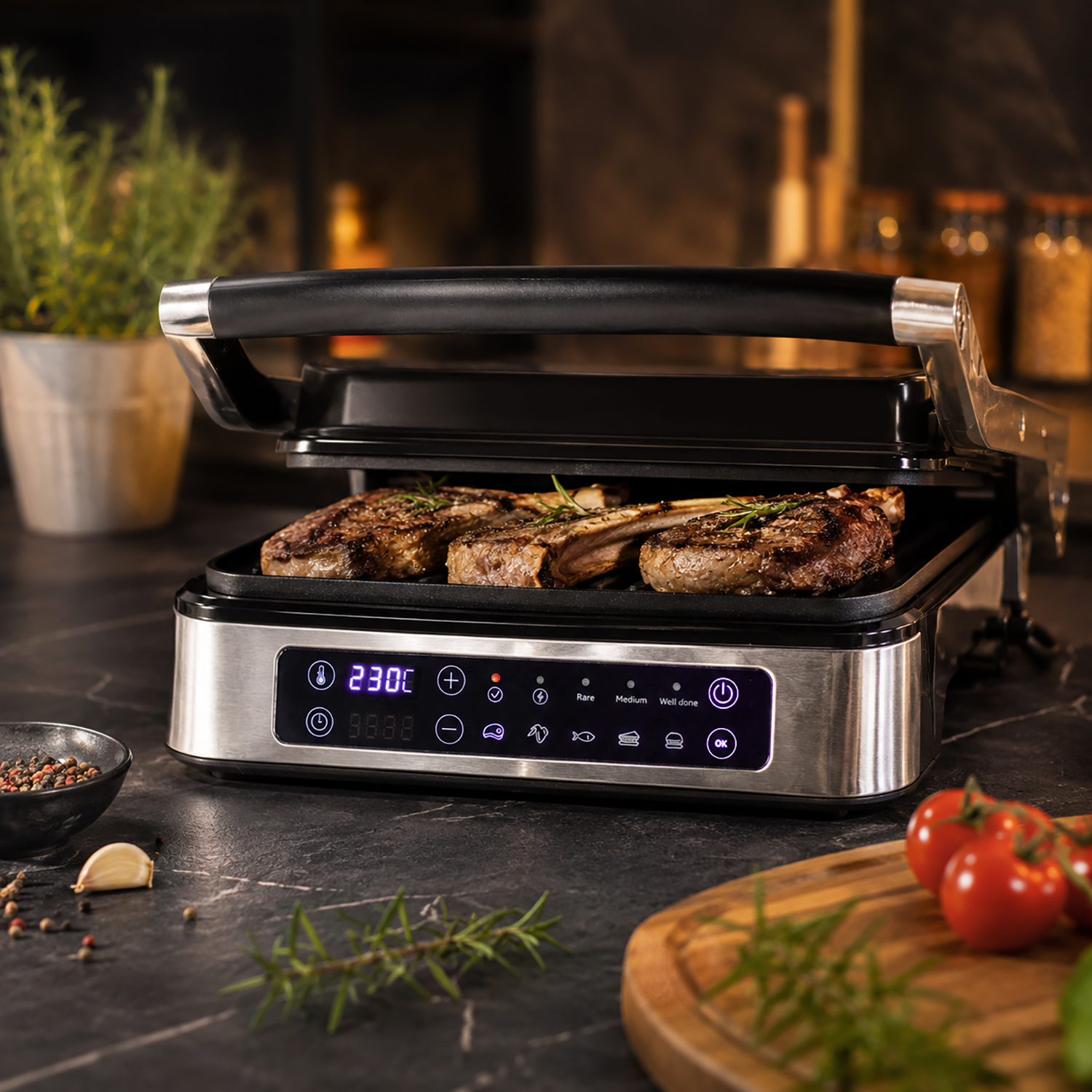 Kochmann Kontaktgrill  MB-P11, 2000W, um 180° aufklappbar, Tischgrill, Paninigrill, 5 Grillprogramme 