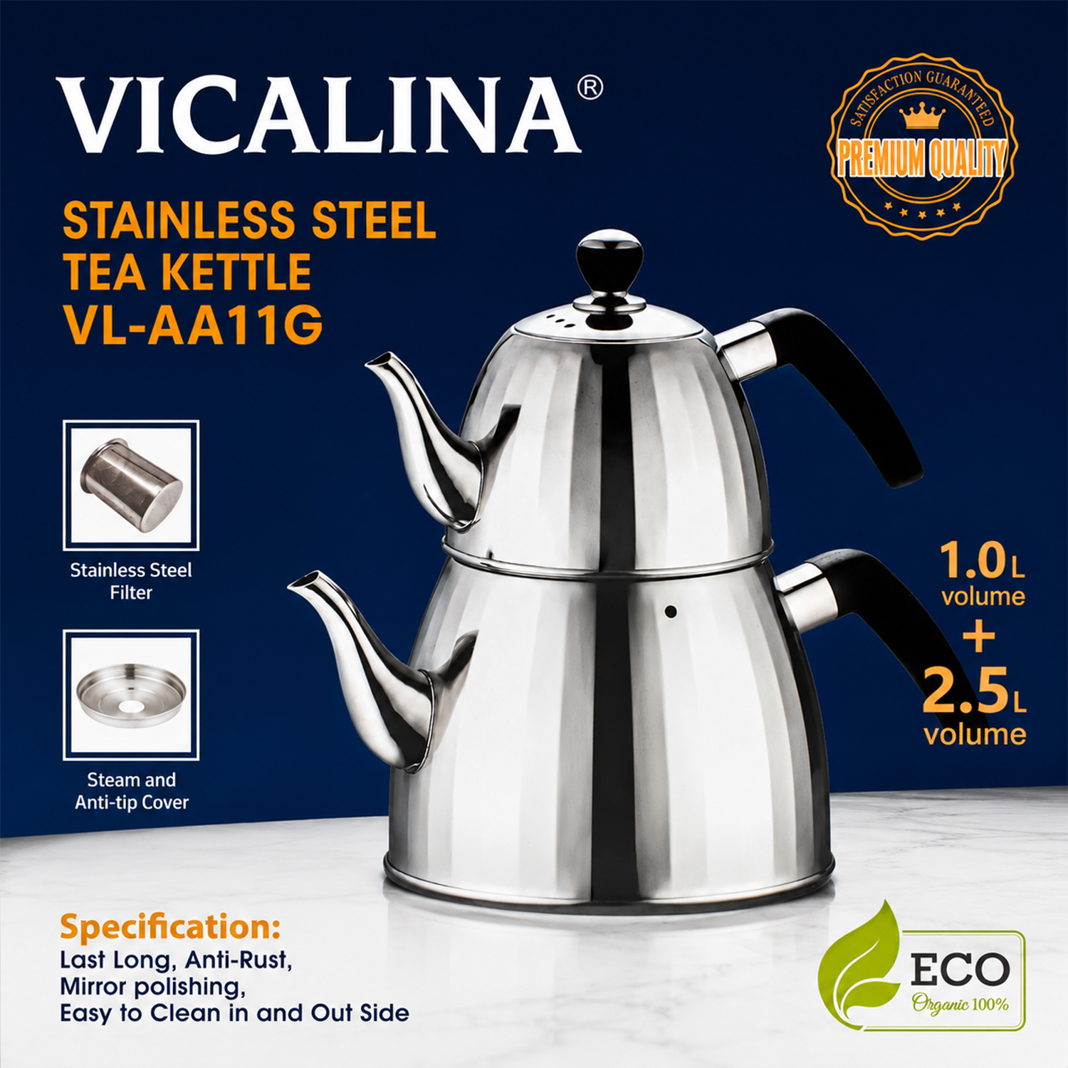 VICALINA VL-AA11G- 1,0L + 2,5L Edelstahl Teekannen Set, Türkische Teekocher, Çaydanlık, Samowar, Induktion