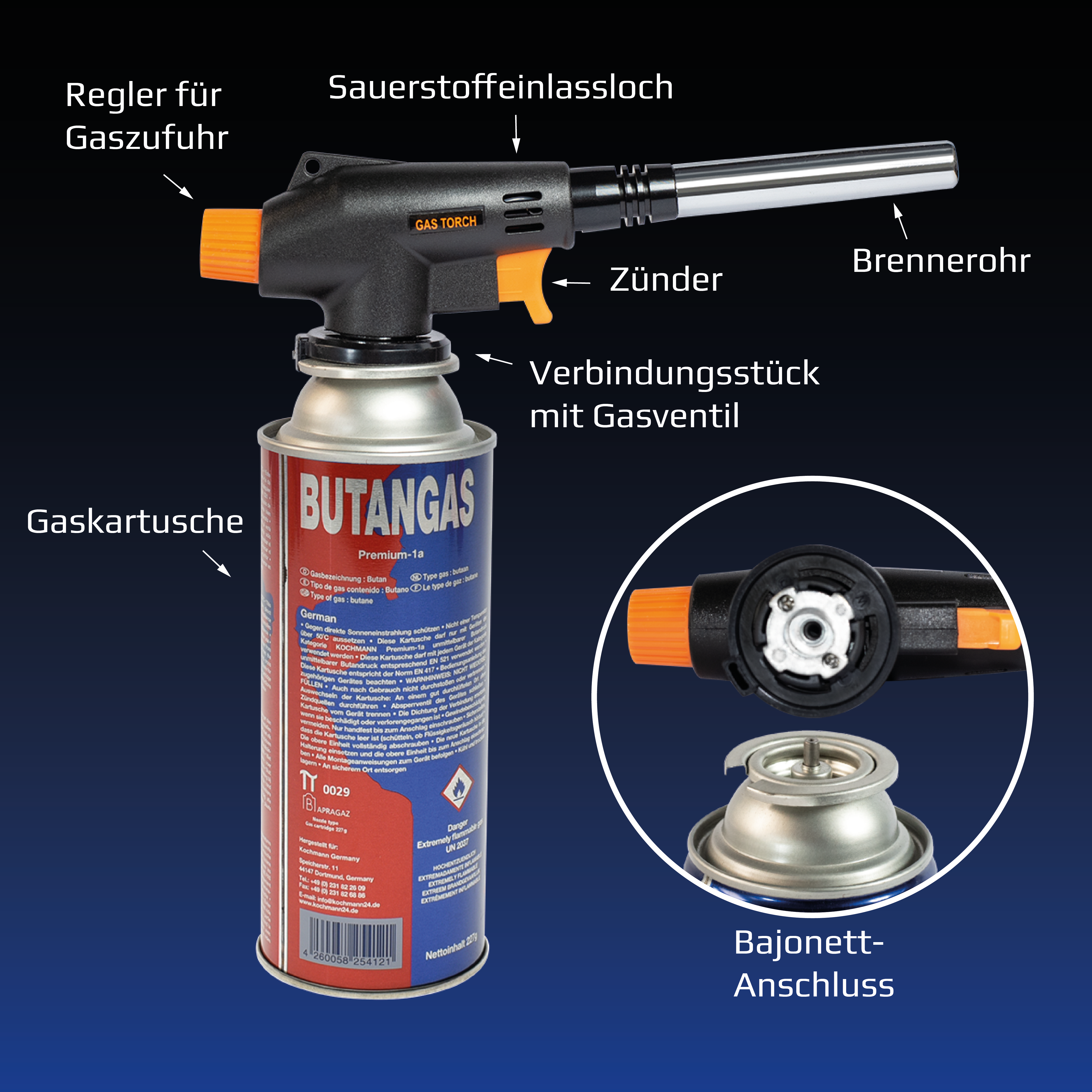 Zyklon Flammenpistole Art.Nr.12 für Gaskartuschen 227g , Gasbrenner, Gasanzünder, Kohleanzünder, Lötbrenner Aufsatz für Bajonett-Gaskartuschen, Lötlampe, Butangasbrenner  